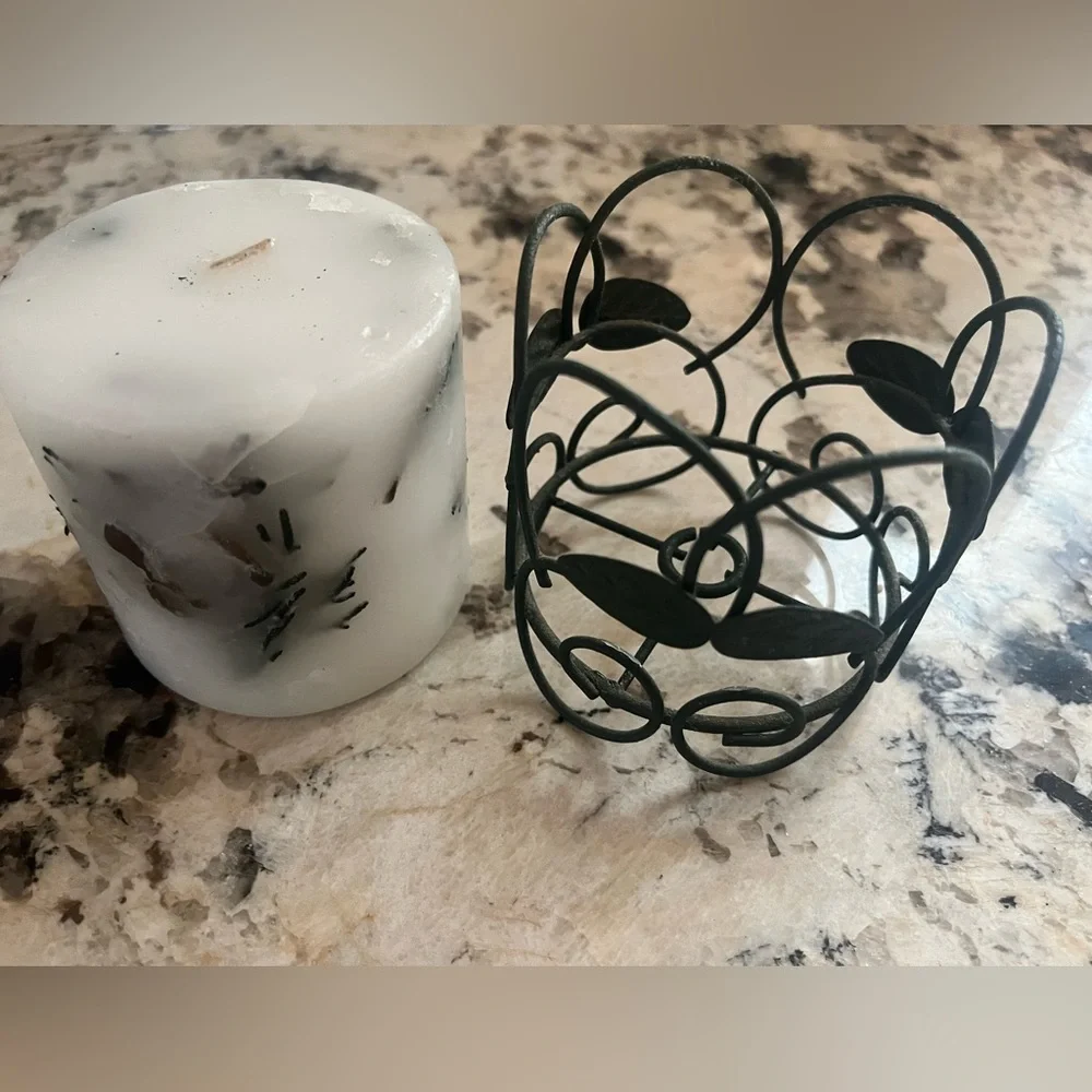 Decorative White Candle with Moose and greenery embedded & Green Leaf Holder.